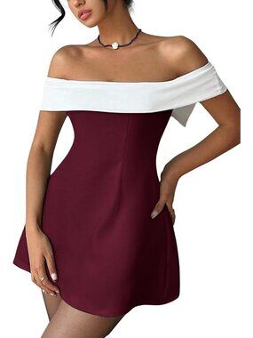 Women's Mini Dress Red White Off Shoulder Neck Short Sleeve Bodycon Pull Over
